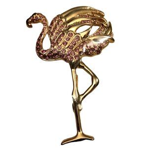 Pink Flamingo Pin Brooch Rhinestone  Tropical Statement Coastal Tiki
